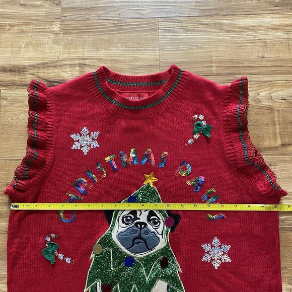 UGLY CHRISTMAS Sweater Vest M Pug Dog Embellished Sequin Metallic Knit Holiday - Picture 14 of 16